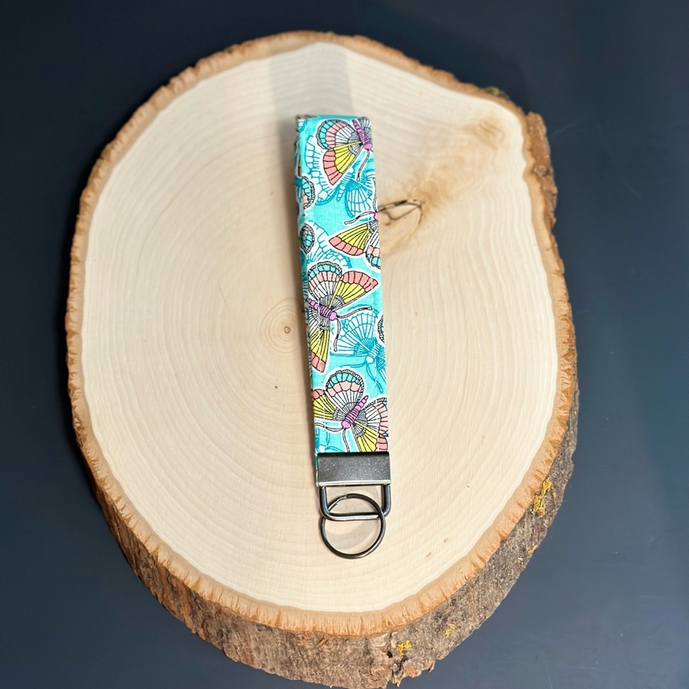 Butterfly teal blue wristlet strap keyfob